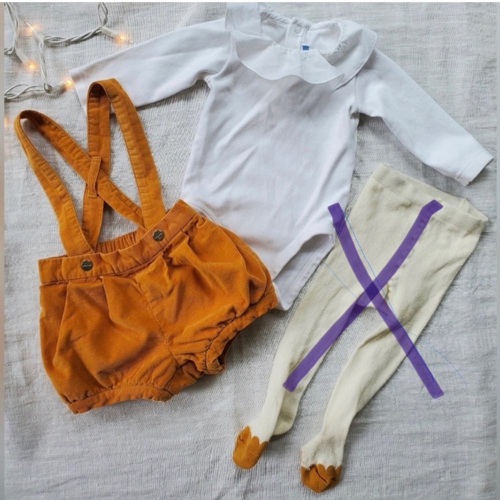 Jacadi Mustard Suspenders Romper & Ruffled Collar Outfit 6M